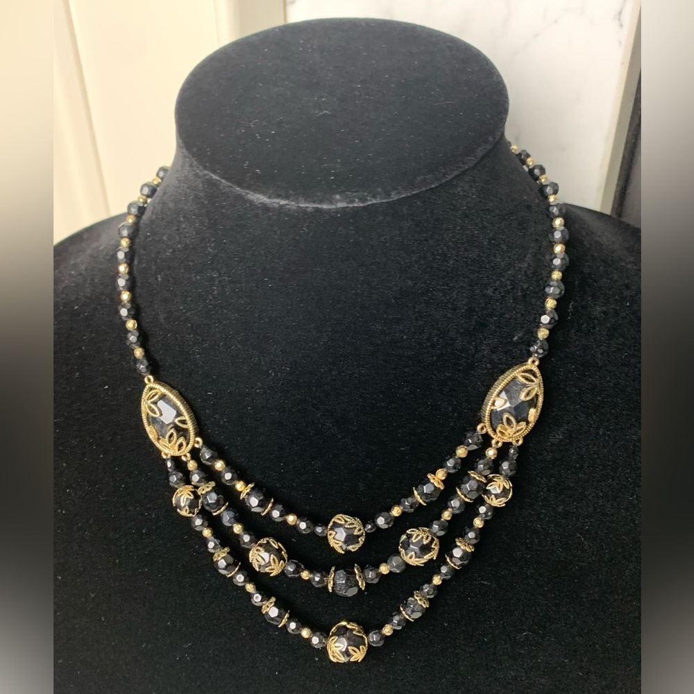 Multi-Strand Black Beaded Bib Necklace